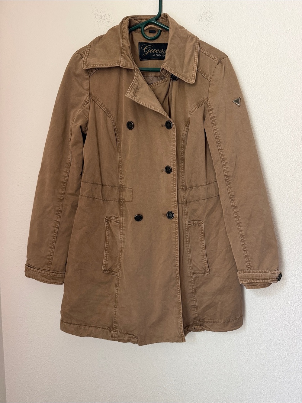 Guess tan double-breasted trench coat size medium